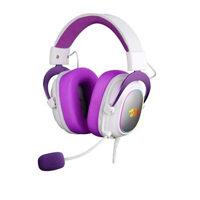 Headset Gamer Redragon Zeus X RGB   Microfone com Redução de Ruído O Headset Gamer Zeus X na cor branco com roxo e RGB vem com almofadas e revestiment