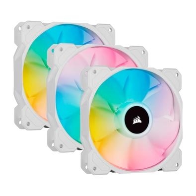 Kit 3 Cooler Cooler EiCUE SP120 RGB ELITE, 120mm, Branco   TECNOLOGIA CORSAIR AIRGUIDE As ventoinhas SP RGB Elite Series usam paletas antivórtice para