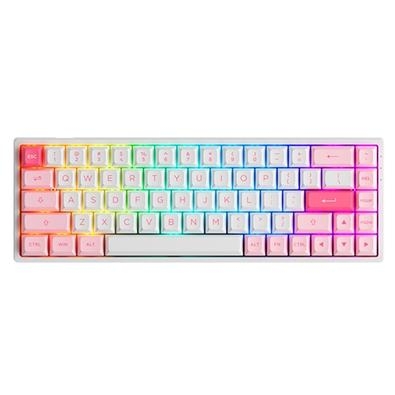 Teclado Mecânico Prunus Lannesiana 3068B Plus, RGB, Branco e Rosa   - Teclado com os switches Jelly Purple - Teclado com as 3 conexões 2.4GHz, BT e US