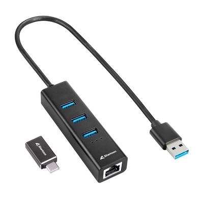 HUB USB 3.2 Sharkoon   A Velocidade Certa O hub de alumínio USB 3.2 Gen 1 de 3 portas + adaptador Ethernet RJ45 suporta taxas de transferência de dado