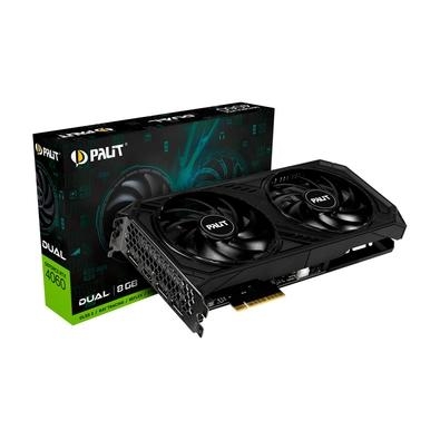 Placa de Video RTX 4060 Dual   Ventilador Duplo Coberta por um elegante acabamento preto. Com duas ventoinhas grandes de 95 mm e ampla abertura na pla