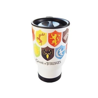 Caneca térmica para carro Material: Garrafa de Inox esmaltada em branco. Tampa e Alça de Poliuretano Possui parede dupla, para maior resistência e iso