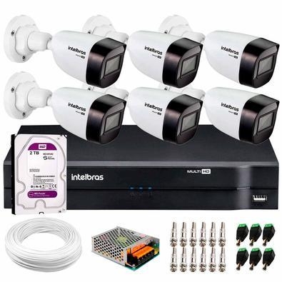 Kit 6 Câmeras VHD 1120 B G6 e DVR Intelbras, HD 2TB, App, Fonte, Cabos E Acessórios