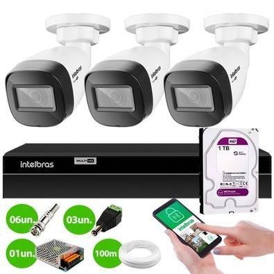 Kit 3 Câmeras Bullet HD 720p VHD 1120 B G6 Visão Noturna 20m + DVR Intelbras MHDX 1204 4 Canais + HD 1TB Purple   Nós da Tudo Forte, criamos este kit 