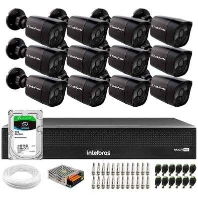 Kit 12 Câmeras Tudo Forte TF 1220 B Black Full HD 1080p Bullet com Visão Noturna 20M Proteção IP66 + Dvr Intelbras MHDX 3116-C 16 Canais + HD SkyHawk 