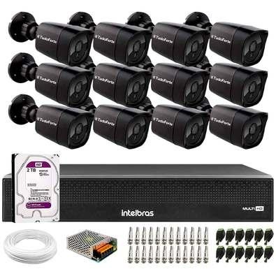 Kit 12 Câmeras Tudo Forte TF 1220 B Black Full HD 1080p Bullet com Visão Noturna 20M Proteção IP66 + Dvr Intelbras MHDX 3116-C 16 Canais + HD 2TB Purp