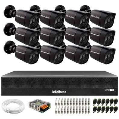 Kit 12 Câmeras Tudo Forte Bullet Black Full HD 1080p, Lente 2.8mm, Visão Noturna 20M, IP66 + DVR Intelbras MHDX 3016-C Full HD 16 Canais  Nós da Tudo 