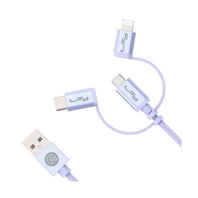 Principais características:cabo usb tipo-a 3 em 1 lightning/micro usb/tipo-c lilás- lityos cabos de dados e carregamento lity chrono cr, são mais segu