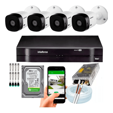 Itens inclusos:   01 dvr mhdx 4ch intelbras 01 hd 160 gb 04 câmeras 1120 bullet intelbras - com alcance de 20 metros 01 fonte 12v eletrônica para para