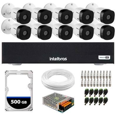 Itens inclusos no kit<,br>,10 - câ,meras vhl 1220 b bullet intelbras<,br>,01 - dvr gravador mhdx 1016-c 16 canais intelbras<,br>,01 - cabo coaxial fle