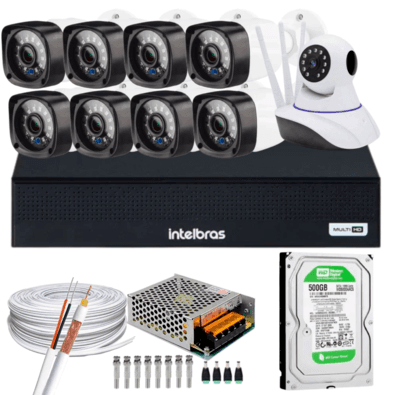 Kit dvr intelbras 8 canais h.265 500gb 8 câmeras full hd 20 metros+1 câmeras ip c/audio  com esse kit é possivel adcionar a 1 cameras ip no dvr intelb