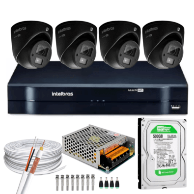 Kit 4 cameras de segurança intelbras vhd 3220 c/ audio microfone full hd dvr mhdx 4ch + hd 500gb  conteúdo 01 dvr intelbras mhdx 4ch 1080p lite de 04 