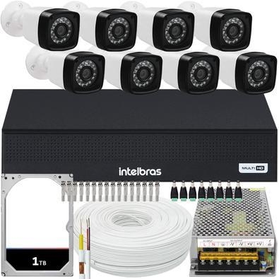 Kit cftv de alta definição com 8 câmeras  acesso via smartphone e computador conteúdo 01 dvr intelbras mhdx 1008-c 4x1 de 08 canais 08 câmeras importa