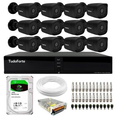 Kit 12 câmeras bullet black tudo forte tf 2020 b full hd 1080p visão noturna 20m proteção ip66 + dvr tudo forte tfhdx 3316 16 canais + hd 2tb barracud