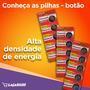 INFORMAÇÕES GERAIS:  Contém: 1 Cartela com 5 baterias. Tipo: Moeda   INFORMAÇÕES TÉCNICAS: Voltagem: 3V Capacidade: 90mAh Peso: 1.70g   APLICAÇÃO: Rel