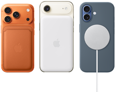 Parte de trás do iPhone 17 Pro, cor laranja-cósmico, carteira de tecido FineWoven com MagSafe laranja-raposa. Parte de trás do iPhone Air, cor dourado-claro, com bateria MagSafe. Parte de trás do iPhone 17, cor azul-névoa, com capa de silicone azul-âncora e carregador MagSafe