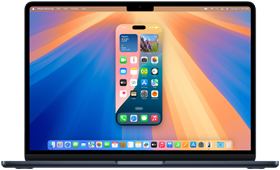 O recurso Espelhamento do iPhone mostrado na tela de um MacBook Air, no qual uma tela do iPhone com vários apps aparece ao fundo da Mesa.