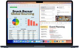 Os apps Mail, Numbers e Notas estão abertos para demonstrar os recursos de multitarefa do MacBook Pro com chip M4.