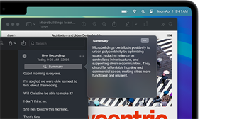 Resumen de una transcripción de audio en la app Notas en una MacBook Pro, creado con la herramienta Resúmenes de Apple Intelligence