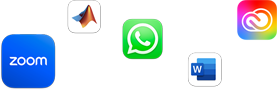 Varios íconos de apps dispersos, como Zoom, MATLAB, WhatsApp, Microsoft Word y Adobe Creative Cloud