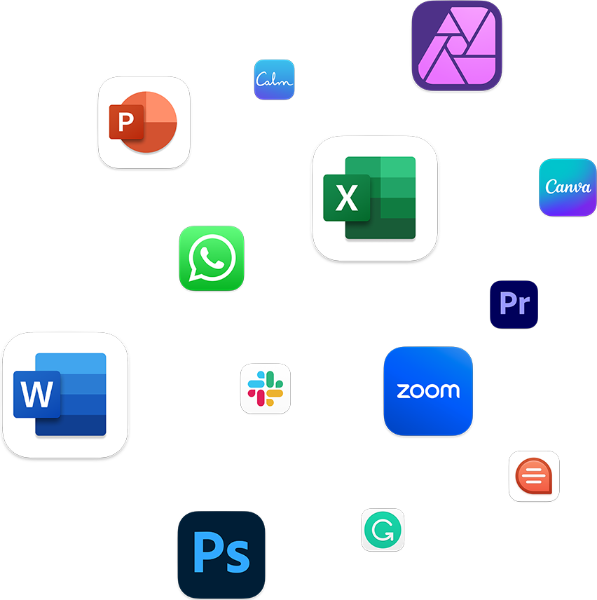 Imagem que mostra a compatibilidade com apps como Microsoft PowerPoint, WhatsApp Web, Microsoft Excel, Canva: Design, Photo, & Video, Adobe Premiere Pro, Microsoft Word, Slack for Desktop, Zoom, Adobe Photoshop, Grammarly: Writing App e Quip.