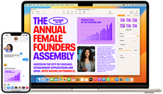 Imagem que mostra uma pessoa recebendo um arquivo no Mensagens em um iPhone e adicionando a um documento do Pages no MacBook Air.