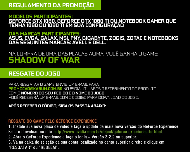 KaBuM! - www.kabum.com.br - Na compra de uma Geforce GTX 1080 TI, GTX 1080,  GTX 1070 ou GTX 1060 você GANHA o game For Honor ou Ghost Recon: Wildlands!  Garanta a eficiência